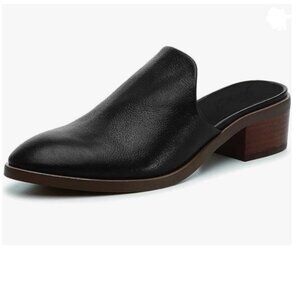 FOWT Black Round Toe Mule Slip On Loafer Low Chunky Thick Heel Slide Slippers